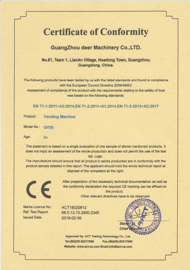 Chiny Guangzhou Deer Machinery Co., Ltd. Certyfikaty