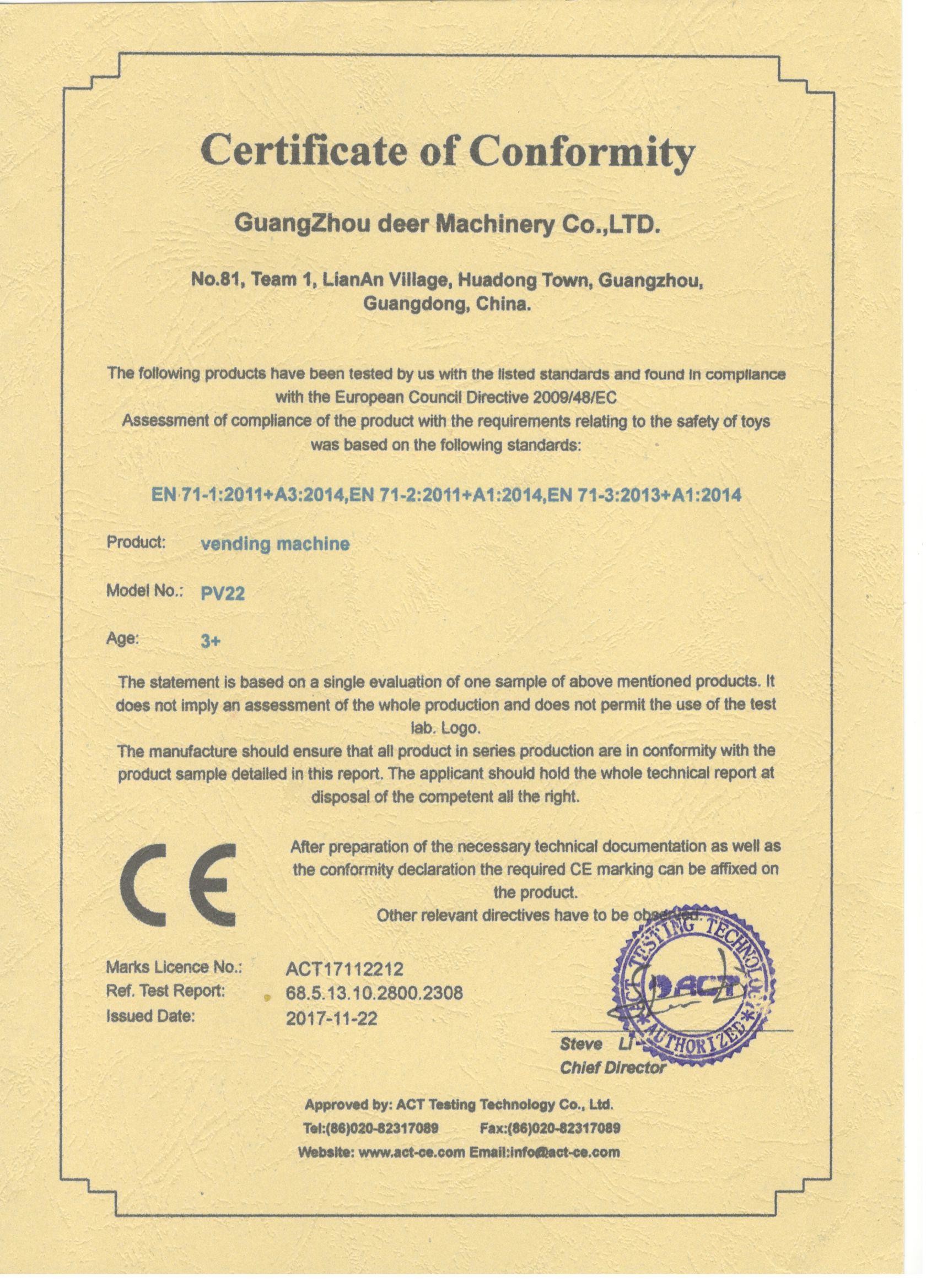 Chiny Guangzhou Deer Machinery Co., Ltd. Certyfikaty